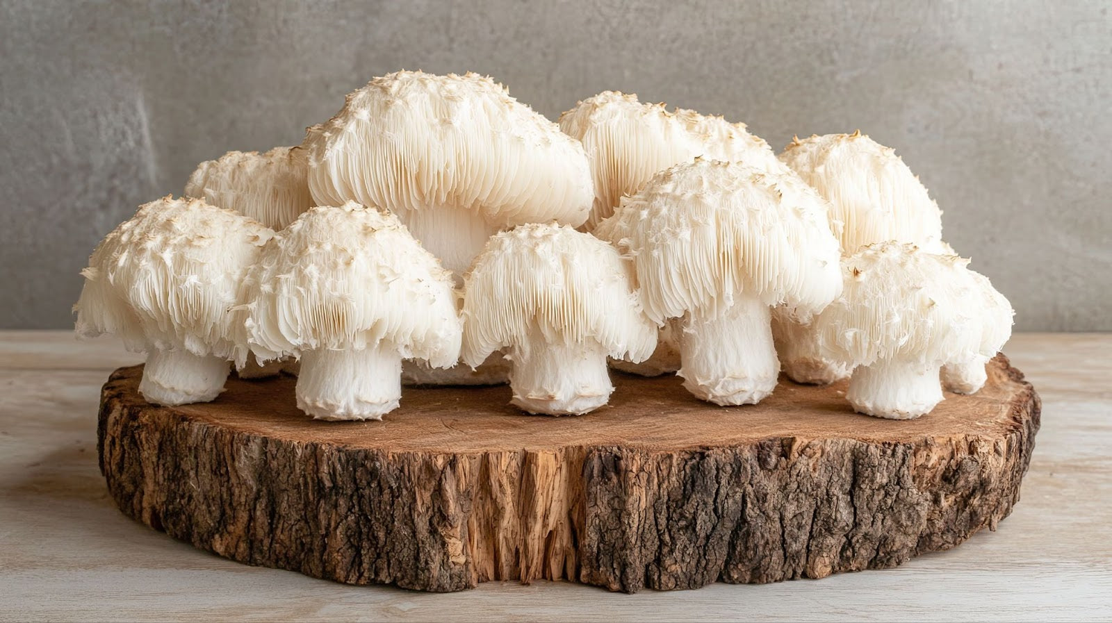 White mushrooms on a wooden platter with a neutral background
