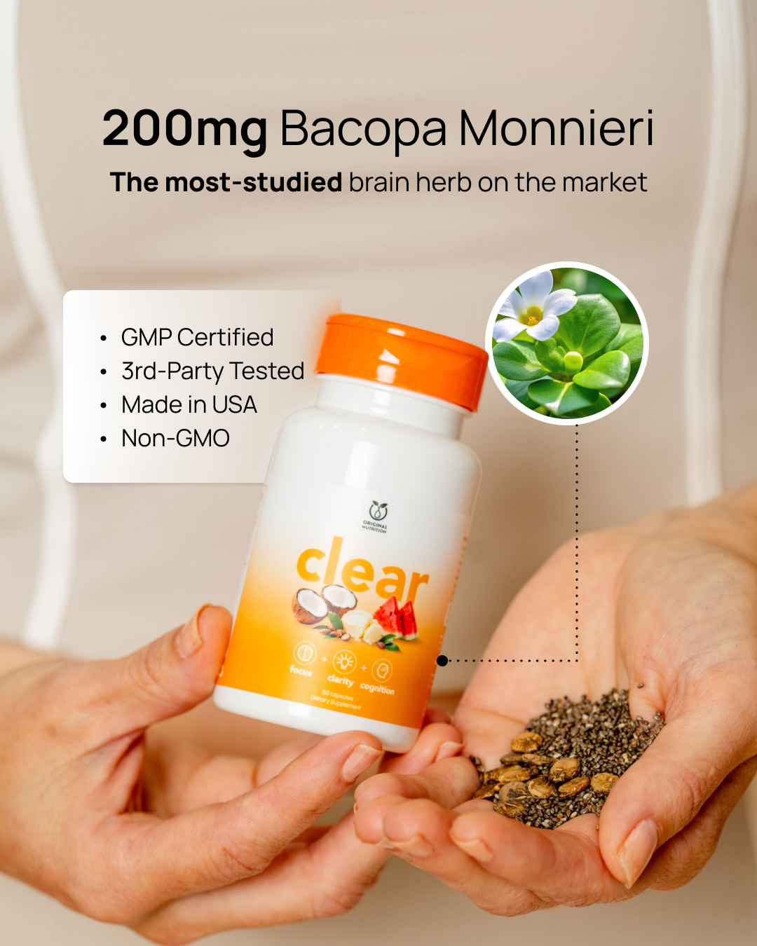 A bottle of Clear Bacopa Monnieri supplements held over two hands holding chia seeds, with promotional text highlighting GMP certification, third-party testing, USA origin, and non-GMO status.