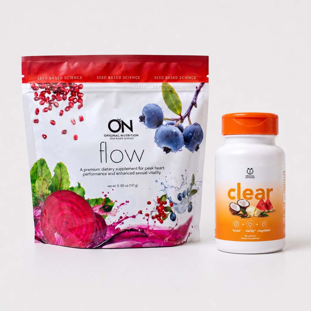 Two supplement products on a clean white background: a large stand-up pouch labeled ON flow with berry and fruit graphics, and a white bottle labeled clear by Clear Choice with an orange cap.