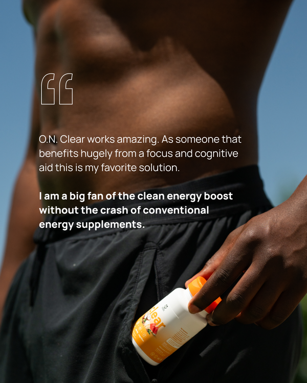 A close-up lifestyle shot of a man's torso and hand holding a bottle of Clear dietary supplements in his pocket, with a quote overlay on a blue sky background.