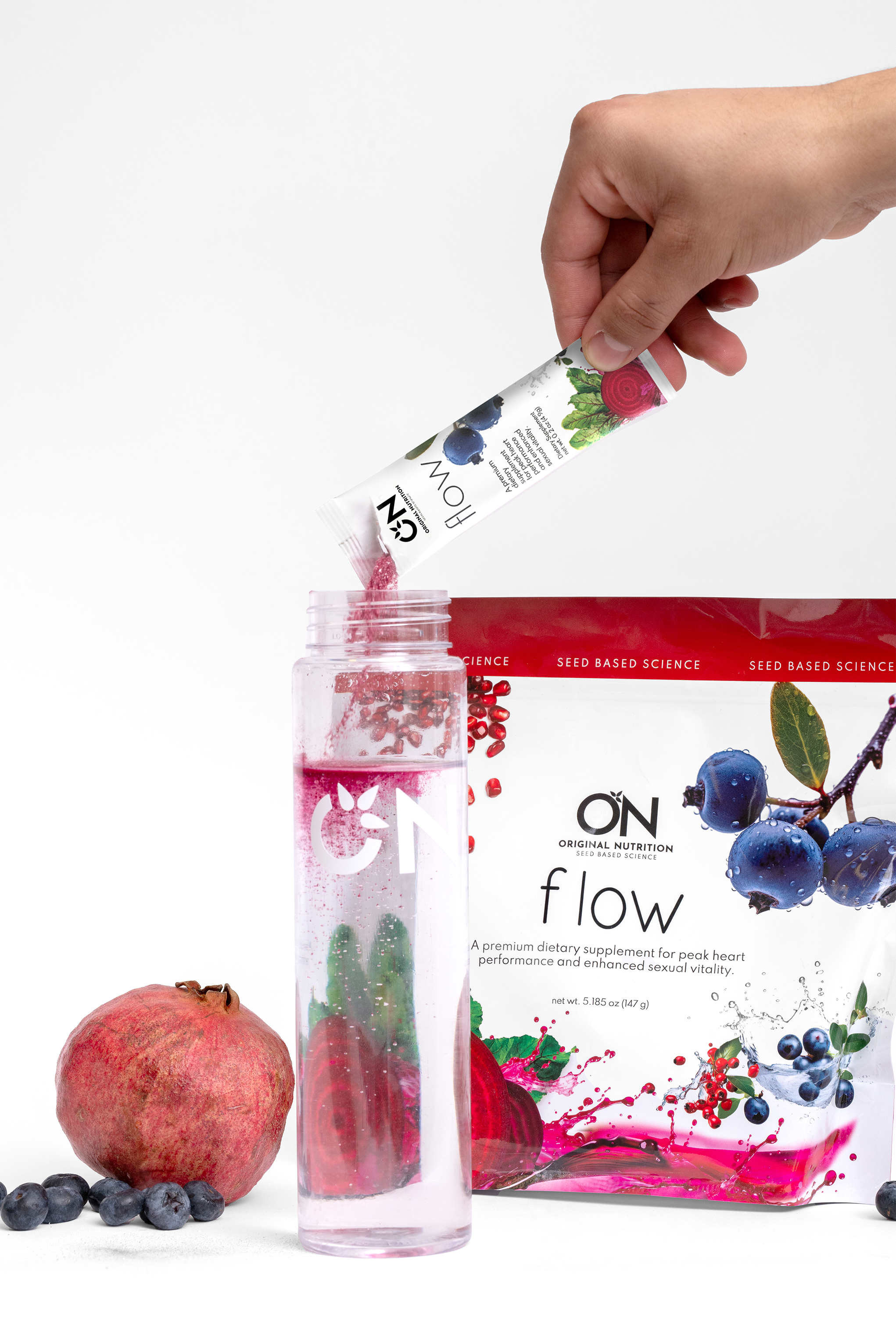Hand pouring a supplement into a bottle with 'ON flow' packaging in the background.