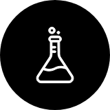 White beaker icon on a black circular background