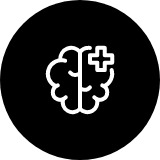 Icon of a brain with a plus sign inside a black circle
