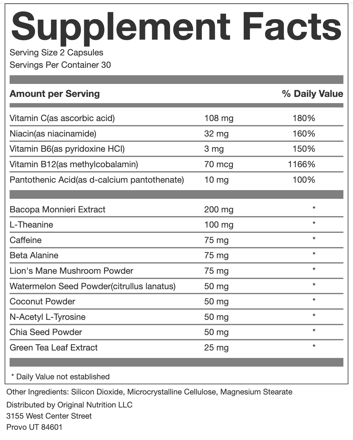 Supplement facts label with various nutrients listed and their amounts per serving.
