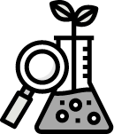 Science icon with beaker, magnifying glass, and plant