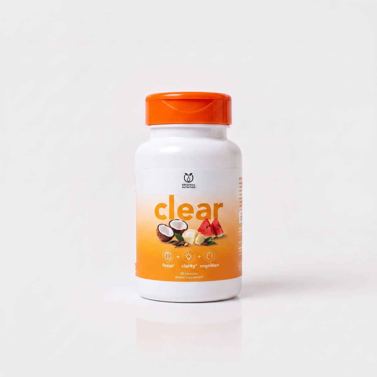 A white supplement bottle with an orange cap and orange label, featuring the brand logo and the word 'clear' on a clean white background.