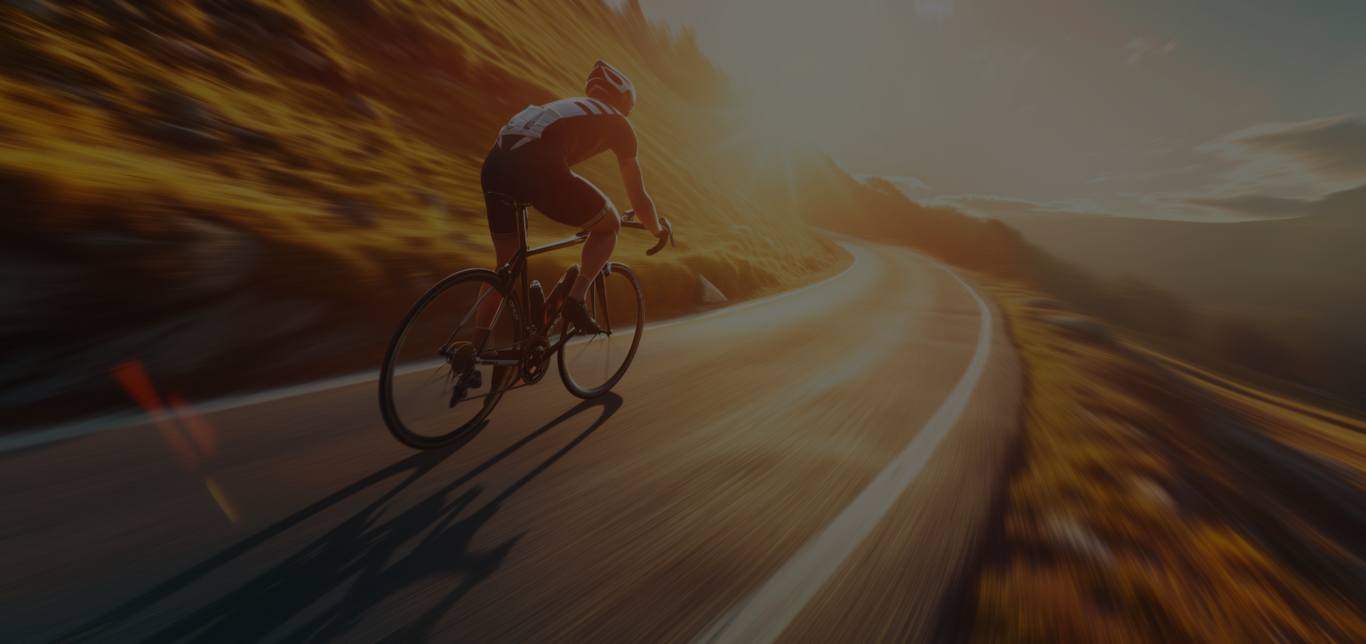Cyclist on a winding road with a dramatic sunset or sunrise in the background